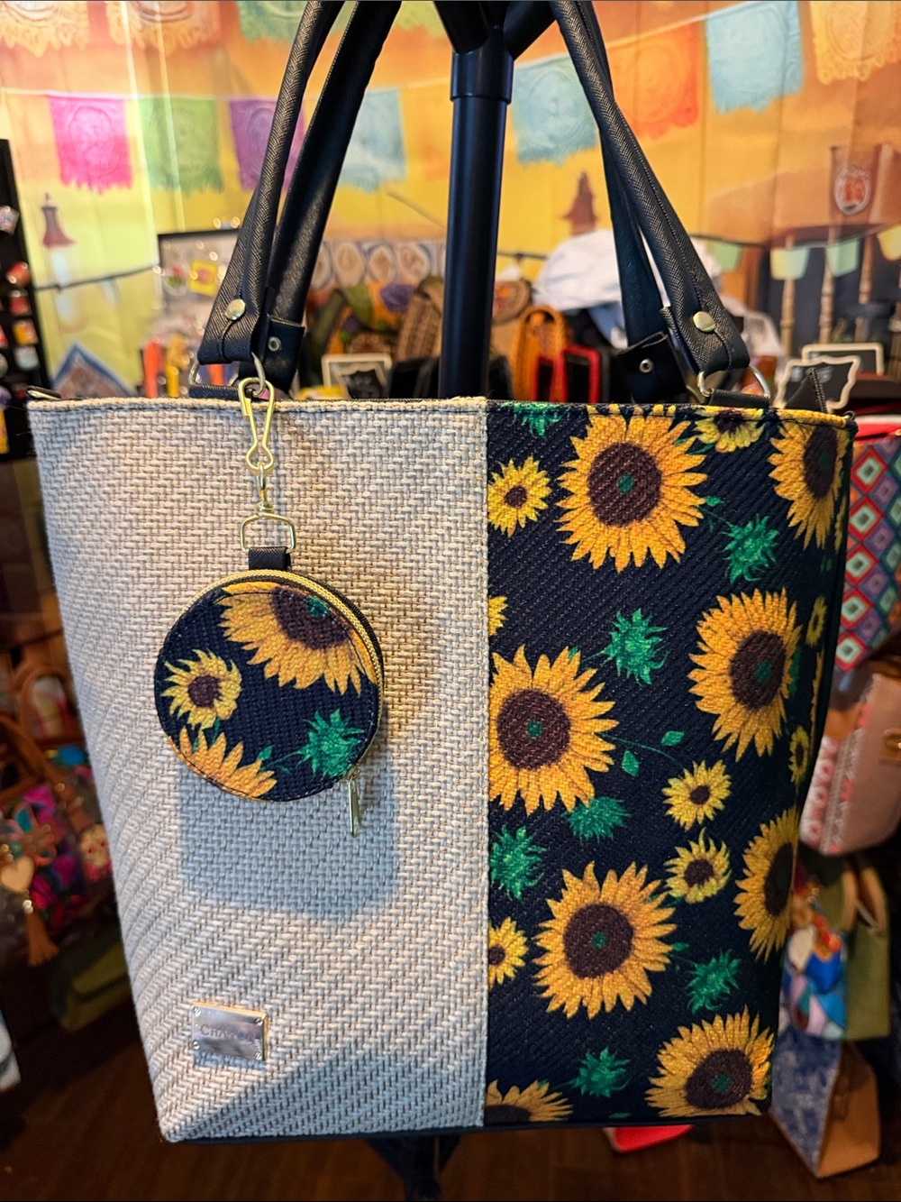 Sunflower Accent Tote Bag with Coin Pouch - Black & Cream